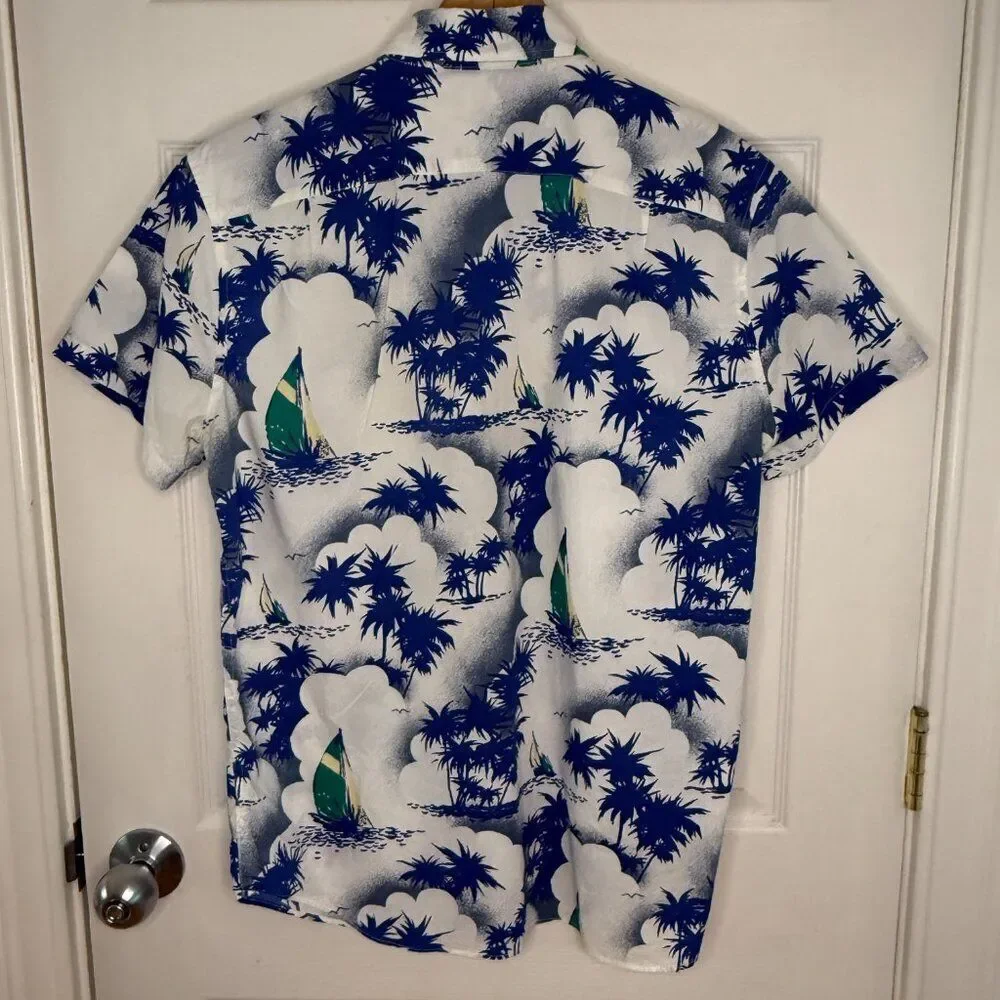 Vintage‎ J. Crew White Blue Hawaiian Print Shirt Size Medium Slim
